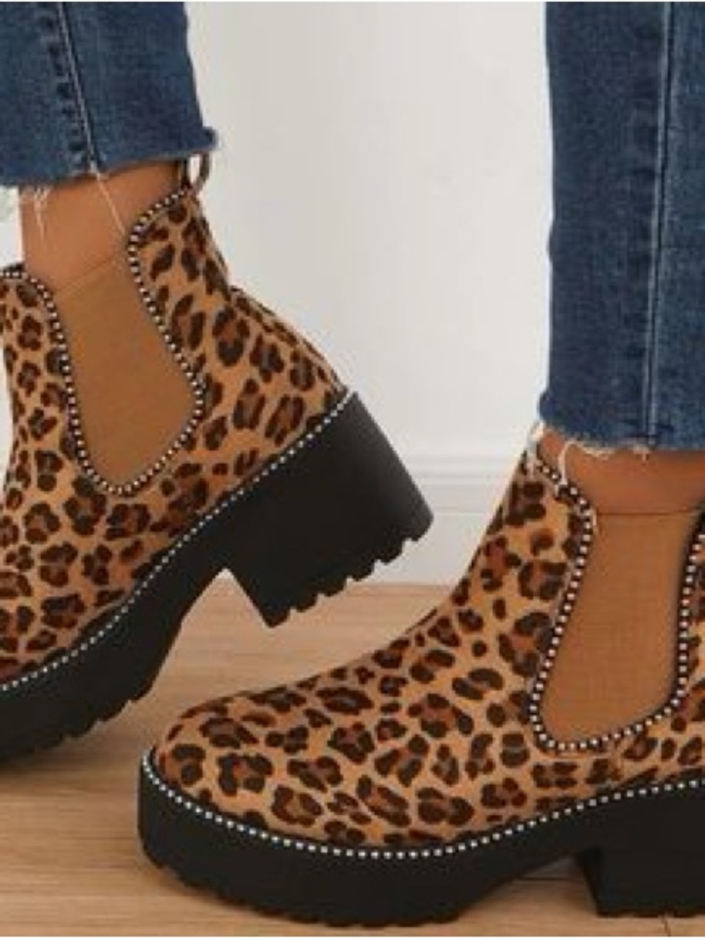 Leopard Print Chelsea Ankle Boots with Studded Trim - Brown - Picture 2 of 5